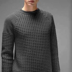 HOSUEOFCOMMON Men Self Design Round Neck Grey Sweater
