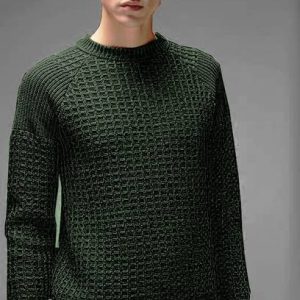 HouseOfCommon Men Self Design Round Neck Green Sweater