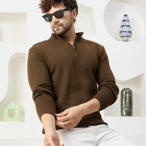 KVETOO Men Self Design High Neck Brown Sweater