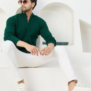 KVETOO Men Self Design High Neck Green Sweater