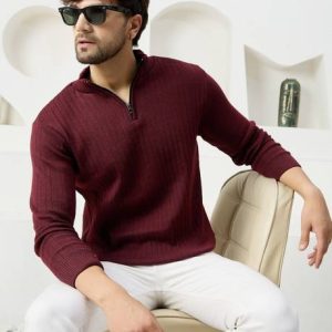 KVETOO Men Self Design High Neck Maroon Sweater