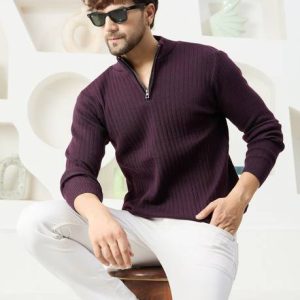 KVETOO Men Self Design High Neck Purple Sweater