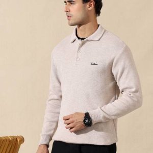KVETOO Men Solid Collared Neck Beige Sweater