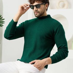 KVETOO Men Solid High Neck Green Sweater