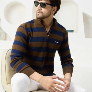 KVETOO Men Woven High Neck Blue Sweater