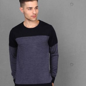 METRONAUT Men Self Design Round Neck Blue Sweater