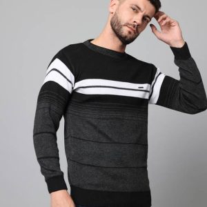 MORKEL Men Striped Crew Neck Black Sweater