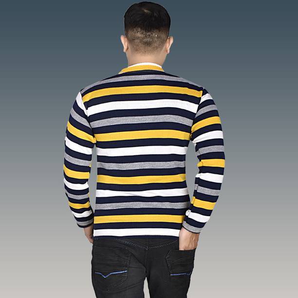 Marc Laurent Men Striped Round Neck Yellow Sweater