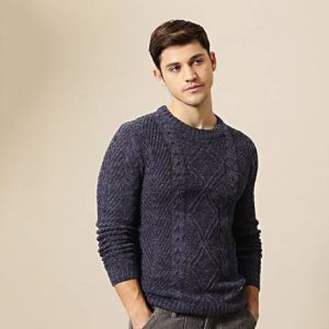 Mr Bowerbird Men Self Design Round Neck Dark Blue Sweater