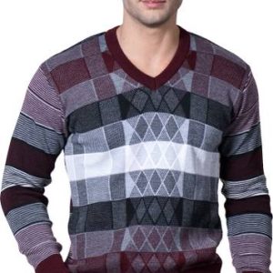 NICO WESLEY Men Printed V Neck Maroon Sweater