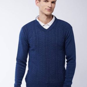 Pivl Men Solid V Neck Dark Blue Sweater