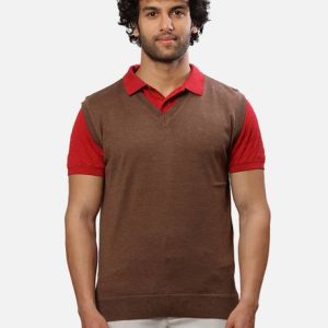 Raymond Men Solid V Neck Brown Sweater