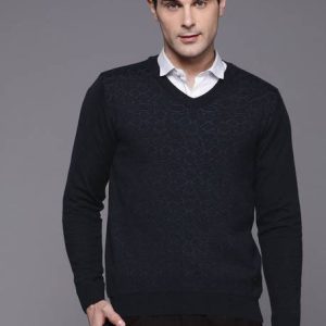 Raymond Men Solid V Neck Dark Blue Sweater
