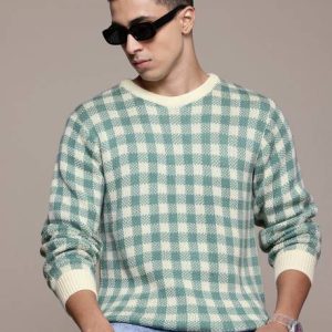 Roadster Men Checkered Round Neck Green Sweater
