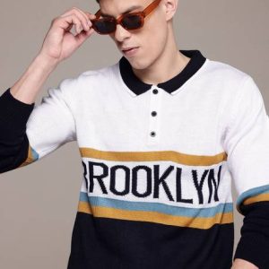 Roadster Men Colorblock Peter Pan Collar White Sweater