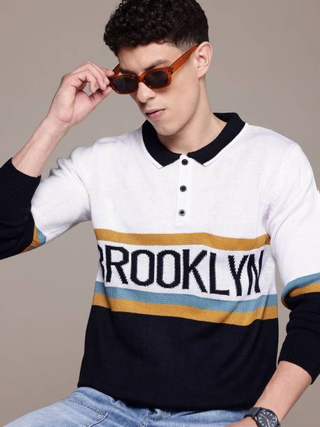 Roadster Men Colorblock Peter Pan Collar White Sweater