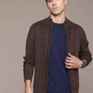 Roadster Men Self Design High Neck Brown Sweater