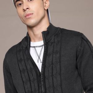 Roadster Men Self Design Mandarin Neck Black Sweater