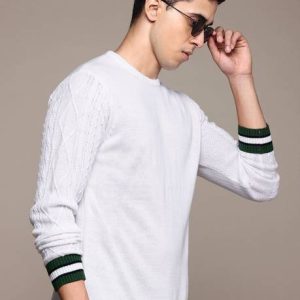 Roadster Men Solid Round Neck White Sweater