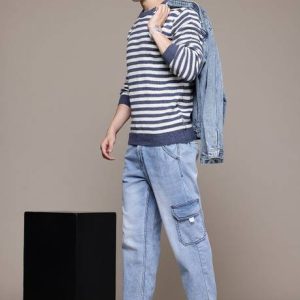 Roadster Men Striped Round Neck Blue Sweater