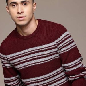 Roadster Men Striped Round Neck Brown Sweater