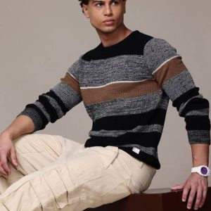 Roadster Men Striped Round Neck Green Sweater