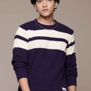 Roadster Men Striped Round Neck Purple Sweater