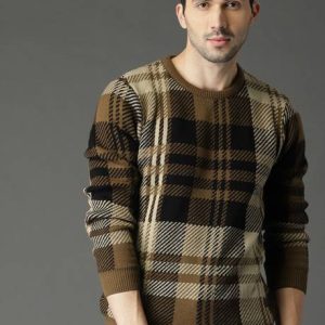 Roadster Men Woven Round Neck Brown Sweater