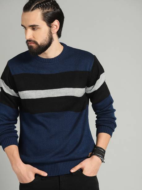Roadster Men Woven Round Neck Multicolor Sweater