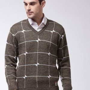 Sweven Men Checkered V Neck Gold Sweater