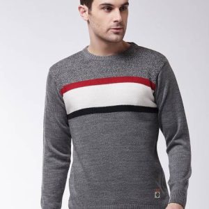 Sweven Men Self Design Round Neck Grey Sweater