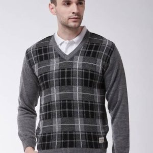 Sweven Men Self Design V Neck Grey Sweater
