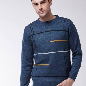 Sweven Men Striped Round Neck Blue Sweater