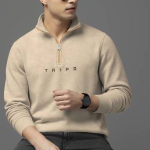 TRIPR Men Solid High Neck Beige Sweater