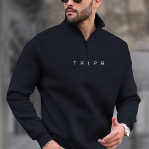 TRIPR Men Solid High Neck Dark Blue Sweater