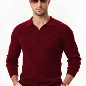 TYSORT Men Self Design Collared Neck Maroon Sweater