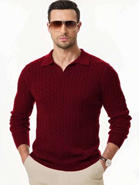 TYSORT Men Self Design Collared Neck Maroon Sweater