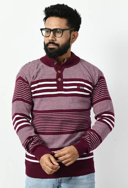 WoolCraft Men Colorblock Turtle Neck Purple Sweater