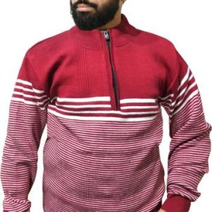 WoolCraft Men Striped Round Neck Maroon Sweater