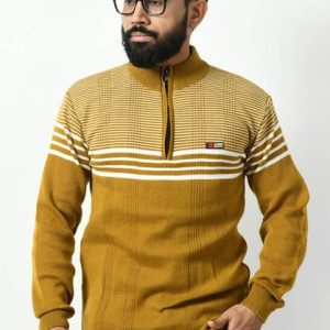 WoolCraft Men Striped Round Neck Yellow Sweater