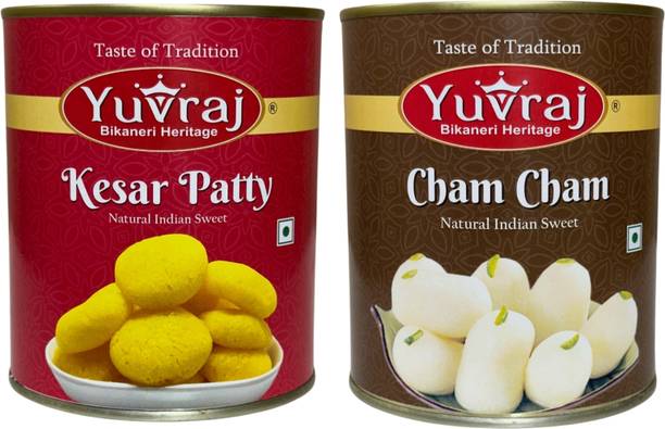 Yuvraj Food Product White cham cham & Kesar Patty sweets combo 1 kg x 2 tin Can
