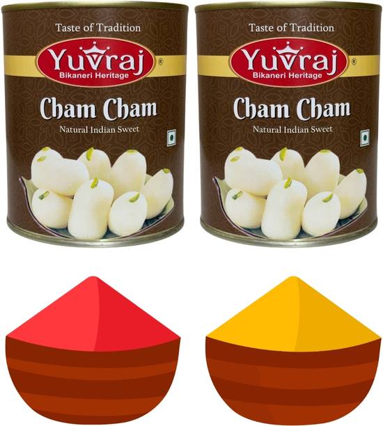 Yuvraj Food Product holi festival gift box white cham cham (1 kg x 2 ) & 2 colours gulal pack Combo