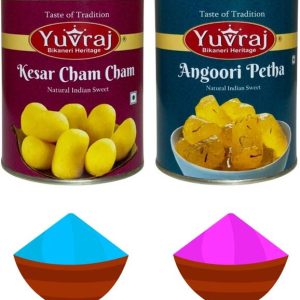 Yuvraj Food Product holi gifts kesar cham cham & Ganderi petha (1 kg x 2 ) & 2 colours pack Combo