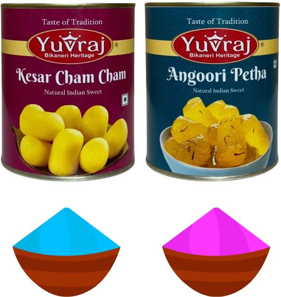 Yuvraj Food Product holi gifts kesar cham cham & Ganderi petha (1 kg x 2 ) & 2 colours pack Combo