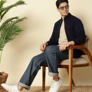 ZEPPI Men Solid Mandarin Neck Dark Blue Sweater