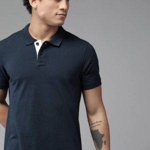 Roadster Men Solid Polo Neck Pure Cotton Blue T-Shirt