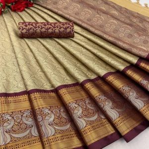KanjiQueen Woven Kanjivaram Cotton Silk, Silk Blend Saree
