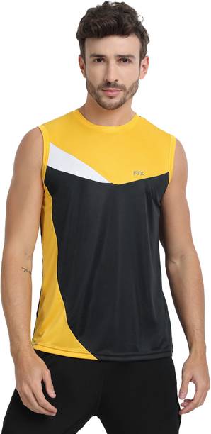 FTX Men Self Design Round Neck Polyester Black, Yellow T-Sh...