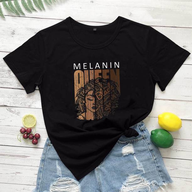 Viral Trend Women Printed Round Neck Pure Cotton Black T-Shirt