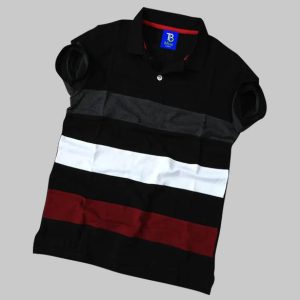 TB Blue Men Striped Polo Neck Cotton Blend Black, Red T-Shirt
